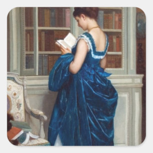 Sticker Carré Femme élégante victorienne lisant dans une bibliot