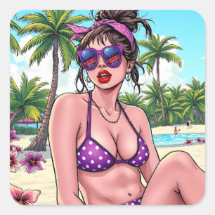 Sticker Carré Femme en Bikini et Bandanna à la plage