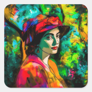 Sticker Carré Femme en Casquette rouge