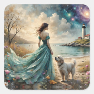 Sticker Carré Femme en robe bleue sur la plage avec chien, phare