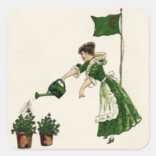 Sticker Carré Femme et jour vintage de St Patrick mis en pot de