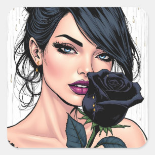 Sticker Carré Femme Gothique Lunatique Personnalisée avec Rose