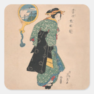 Sticker Carré Femme japonaise Kimono : Ukiyo-e Woodblock Imprime
