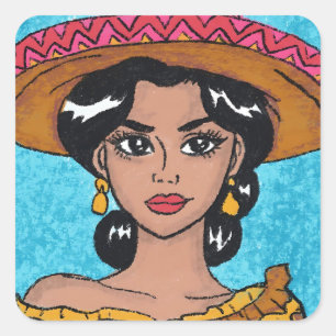 Sticker Carré Femme latina dessinée à la main avec Sombrero