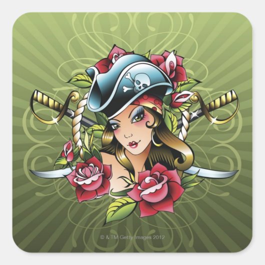 Sticker Carré Femme pirate avec roses et épées (Devant)
