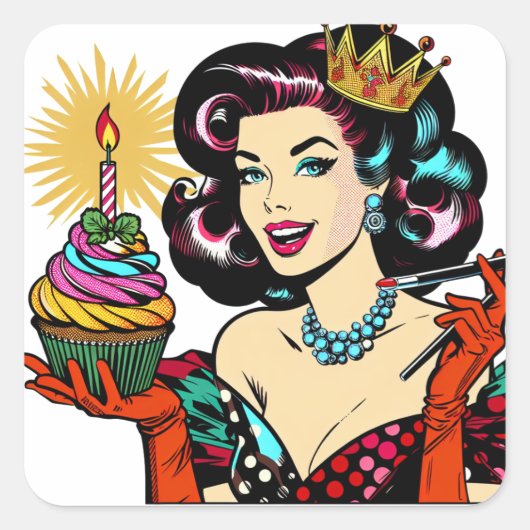 Sticker Carré Femme rétro avec Cupcake d'anniversaire (Devant)