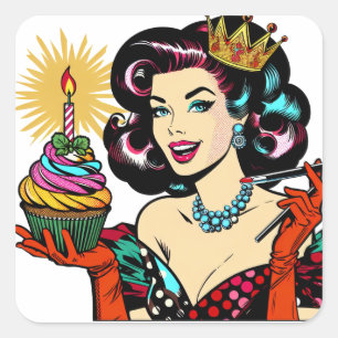 Sticker Carré Femme rétro avec Cupcake d'anniversaire