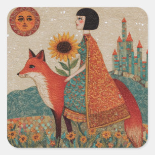 Sticker Carré Femme surréaliste fantastique et son renard rouge