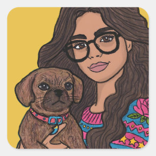 Sticker Carré Femme tirée à la main avec son Chien de Puggle