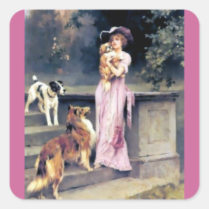 Sticker Carré Femme victorienne avec animaux de compagnie