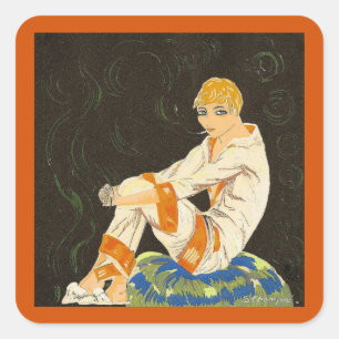 Sticker Carré Femme Vintage Art Déco, Fumant par S. Chompre