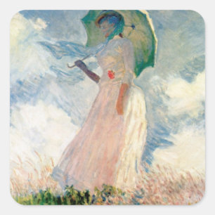 Sticker Carré Femme vintage avec un parasol face à Monet gauche