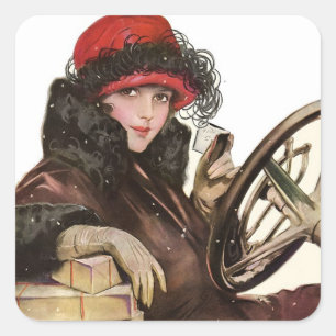Sticker Carré Femme Vintage Conduisant à Noël en Hiver