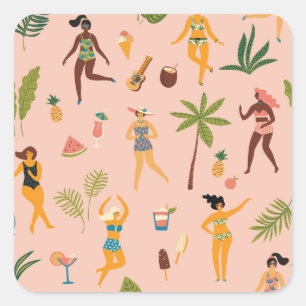 Sticker Carré Femmes en maillot de bain : Danse Vintage tropical