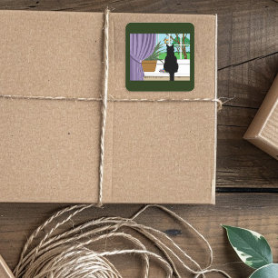 Sticker Carré Fenêtre Chat noir regardant dehors