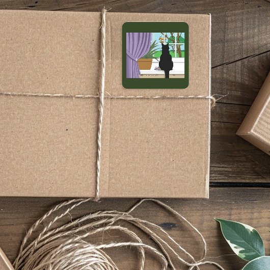 Sticker Carré Fenêtre Chat noir regardant dehors