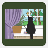 Sticker Carré Fenêtre Chat noir regardant dehors (Devant)