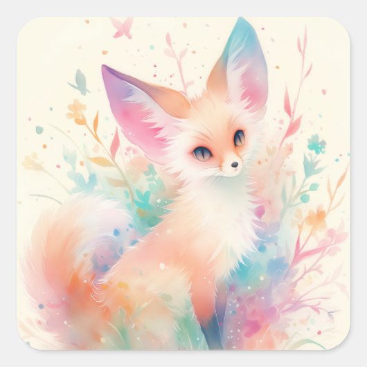 Sticker Carré Fennec Fox Parmi Les Blossoms Pastel (Devant)