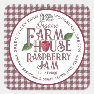Sticker Carré Ferme de framboise bio Jam Rouge En vichy Étiquett