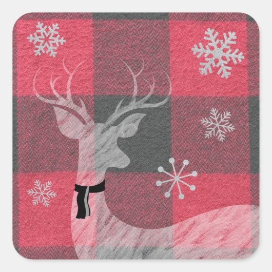 Sticker Carré Ferme Rouge et Buffalo gris Plaid Deer Snowflake (Devant)