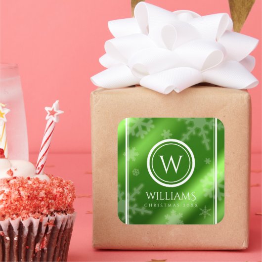 Sticker Carré Festif Green Foil Snowflakes Nom du monogramme (Fête)