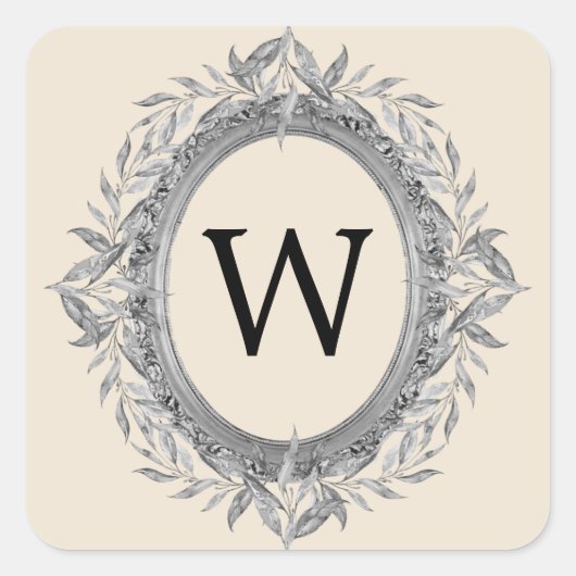 Sticker Carré Festif vacances Silver Grey Feuilles Wreath Monogr (Devant)