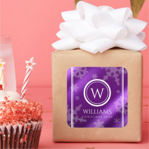 Sticker Carré Festif Violet Foil Snowflakes Nom du monogramme