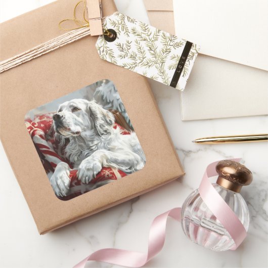 Sticker Carré Festive de Noël de Chien Setter anglais (Cadeaux)