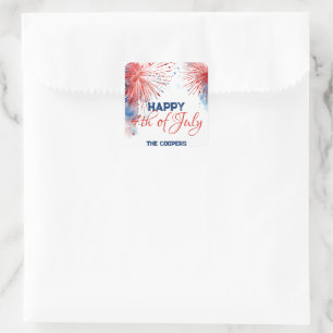 Sticker Carré Festive Fireworks Happy 4 juillet Nom personnalisé