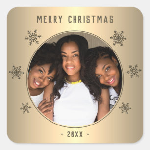 Sticker Carré Festive Golden Snowflake Metallic Family Photo