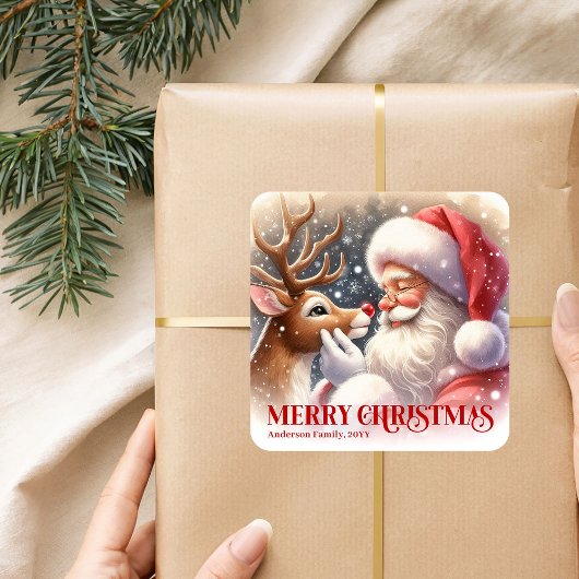 Sticker Carré Festive Personalized Santa and Rudolph Christmas 
