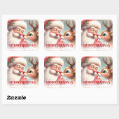 Sticker Carré Festive Santa and Rudolph Personalized Holiday (Feuille)