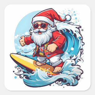 Sticker Carré Festive Santa Claus surfant Vagues de Noël