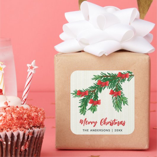 Sticker Carré Festive Watercolor Greenery Red Bow Christmas (Fête)