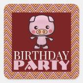 Sticker Carré Fête Animal Piglet, Chevron Anniversaire (Devant)