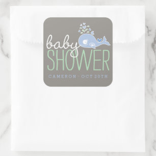 Sticker Carré Fête Baby Shower pour un Petit Garçon Baleine Mama