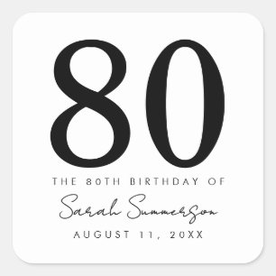 Sticker Carré Fête d'anniversaire 80 ans Nom Noir Blanc