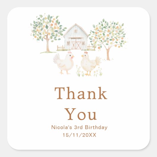 Sticker Carré Fête d'anniversaire à la ferme des poules mignonne (Devant)