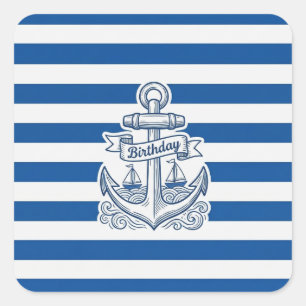Sticker Carré Fête d'anniversaire à rayures nautiques et ancre