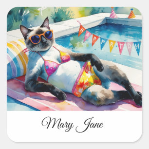 Sticker Carré Fête d'anniversaire au bord de la piscine pour les
