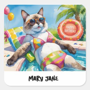 Sticker Carré Fête d'anniversaire au bord de la piscine pour les