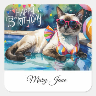 Sticker Carré Fête d'anniversaire au bord de la piscine pour les