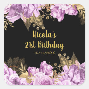 Sticker Carré Fête d'anniversaire aux fleurs de lilas et or élég