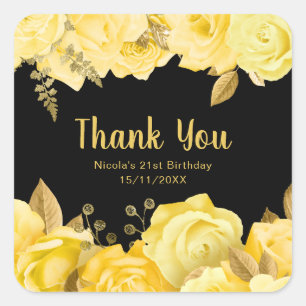 Sticker Carré Fête d'anniversaire aux fleurs jaunes et or élégan