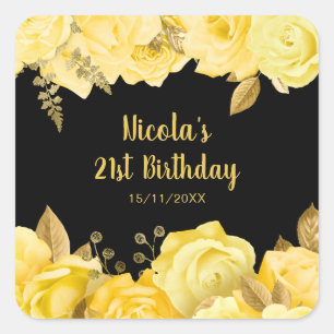Sticker Carré Fête d'anniversaire aux fleurs jaunes et or élégan