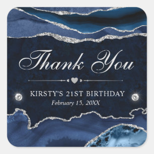 Sticker Carré Fête d'anniversaire avec marbre pailleté bleu et a