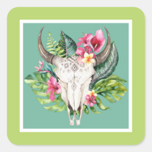 Sticker Carré Fête d'anniversaire Bohème Florale Crâne Sarcelle