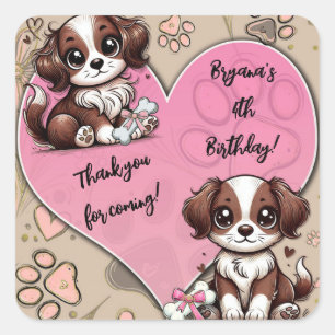 Sticker Carré Fête d'anniversaire Chien marron Patte rose et cœu