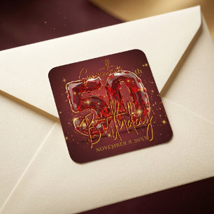 Sticker Carré Fête d'anniversaire de 50 ans élégante rubis rouge