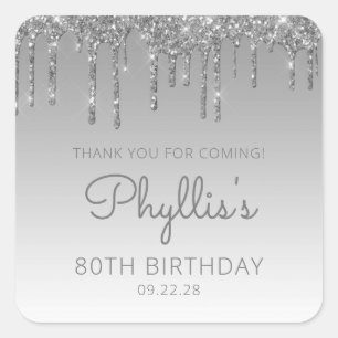 Sticker Carré Fête d'anniversaire de 80 ans Silver Glitter Drip